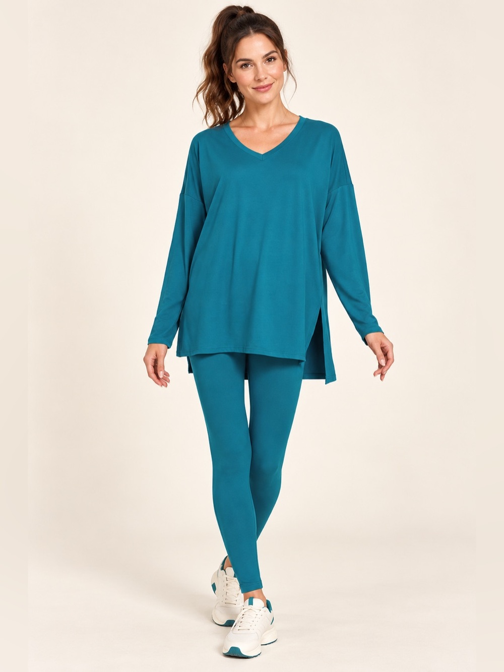 Zenana Outfitters V-Neck Long-Sleeve Loungewear Leggings Set Teal Leggings